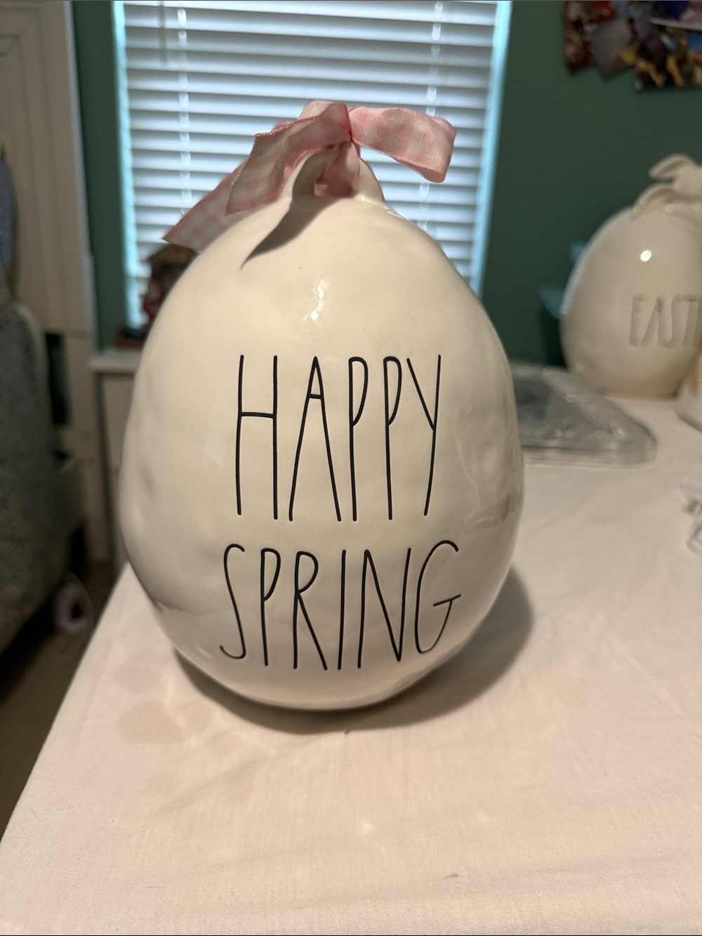 Rae Dunn White Ceramic 'Happy Spring' Decorative Egg with Pink Ribbon